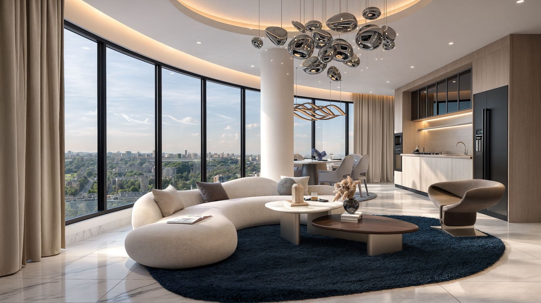 Cheval Riverside two-bedroom living room behind curved glass